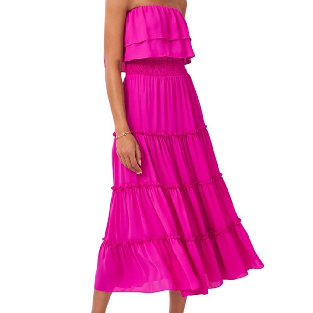 1.State fuchsia pink strapless dress.